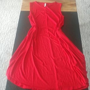 Red sleeveless dress.